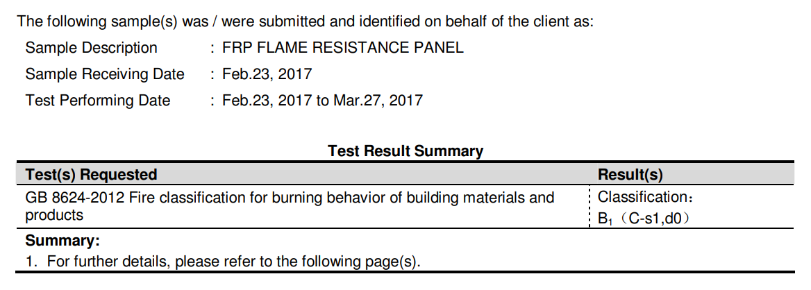 Fire retardant FRP panel Test Report